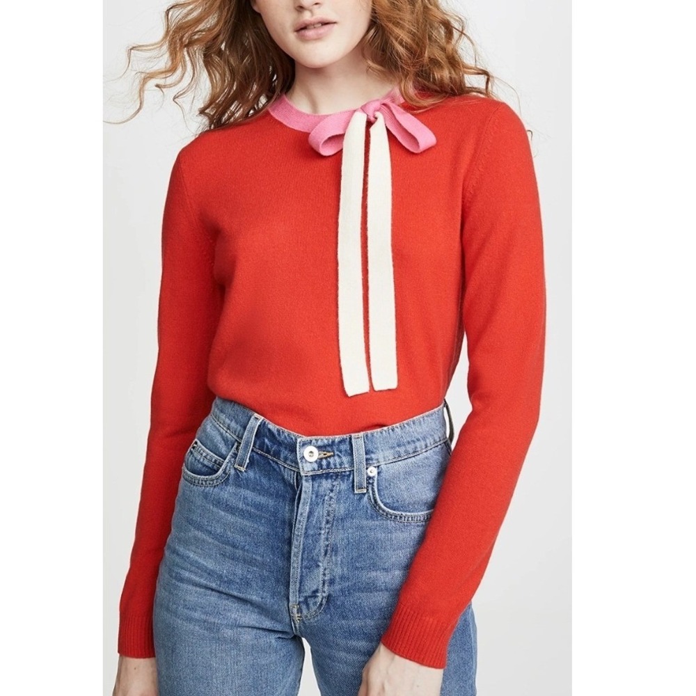 Chinti and Parker Cashmere Wool Tie Neck Sweater Red Pink Cream Womens Large